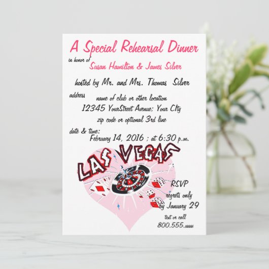 リハーサルの夕食のカジノのテーマのピンクのハート 招待状 (スタンド正面)