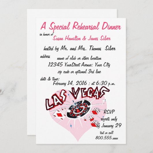 リハーサルの夕食のカジノのテーマのピンクのハート 招待状 (正面/裏面)