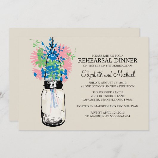 リハーサルの夕食のメーソンジャーの野生の花 招待状 (正面/裏面)