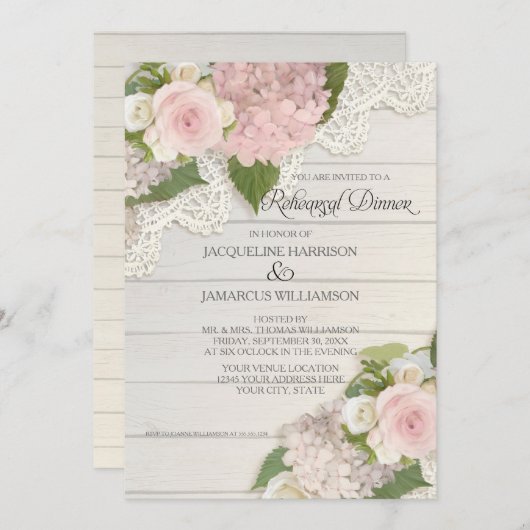 リハーサルの夕食のモダンで素朴な国の花柄は上がりました 招待状 (正面/裏面)