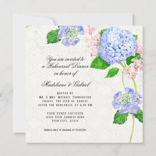 リハーサルの夕食の夏の青いアジサイの水彩画 招待状 (正面)