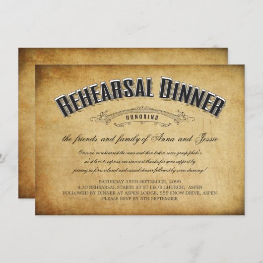 リハーサルの夕食の招待を結婚するヴィンテージ 招待状 (正面/裏面)