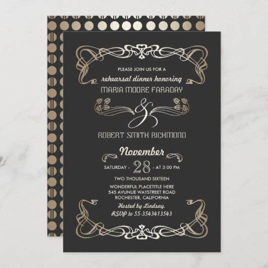 リハーサルの夕食の招待状のアールデコの金ゴールド 招待状 (正面/裏面)