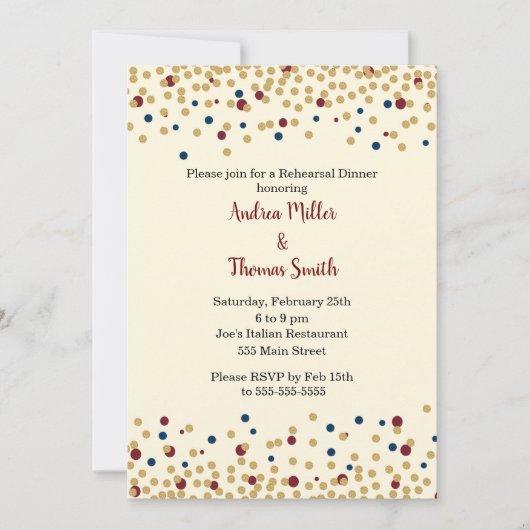 リハーサルの夕食の招待状の紙吹雪の金ゴールドの紫系統 招待状 (正面)