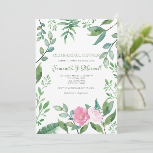リハーサルの夕食の招待状の緑の草木及びピンクのバラ 招待状 (スタンド正面)