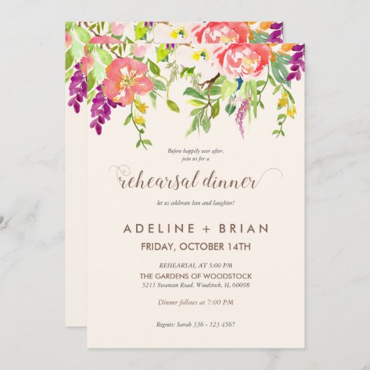 リハーサルの夕食の招待状を結婚する野生花 招待状 (正面/裏面)