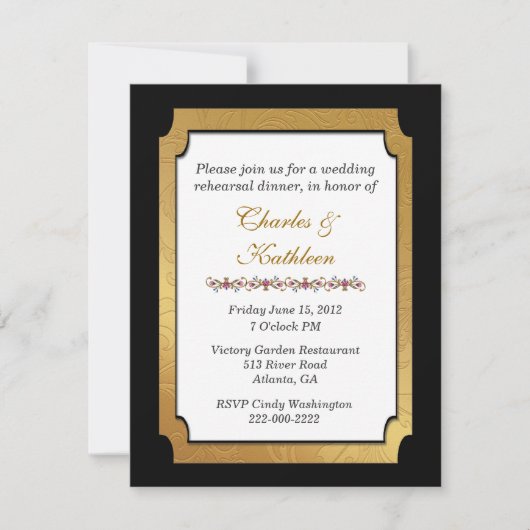 リハーサルの夕食の招待状を結婚する黒及び金ゴールド 招待状 (正面)
