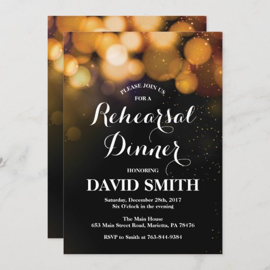 リハーサルの夕食の招待状カード金ゴールドのグリッター 招待状 (正面/裏面)