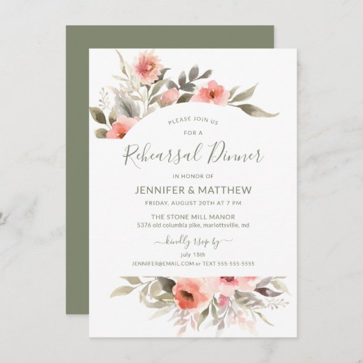 リハーサルの夕食の水彩画の赤面のバラのリース 招待状 (正面/裏面)