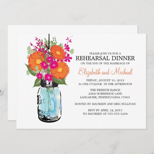 リハーサルの夕食の素朴なメーソンジャーのガーベラのデイジー 招待状 (正面/裏面)