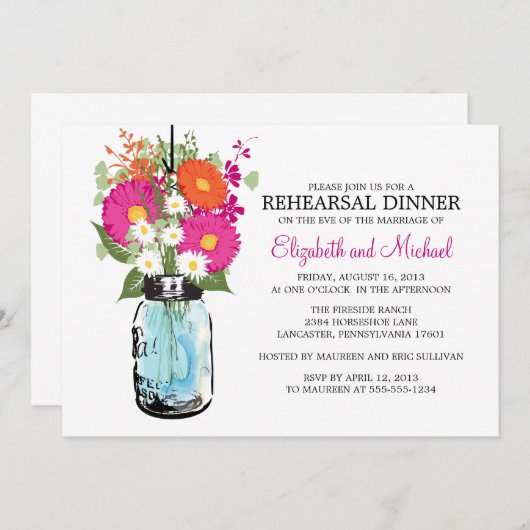 リハーサルの夕食の素朴なメーソンジャーのガーベラのデイジー 招待状 (正面/裏面)