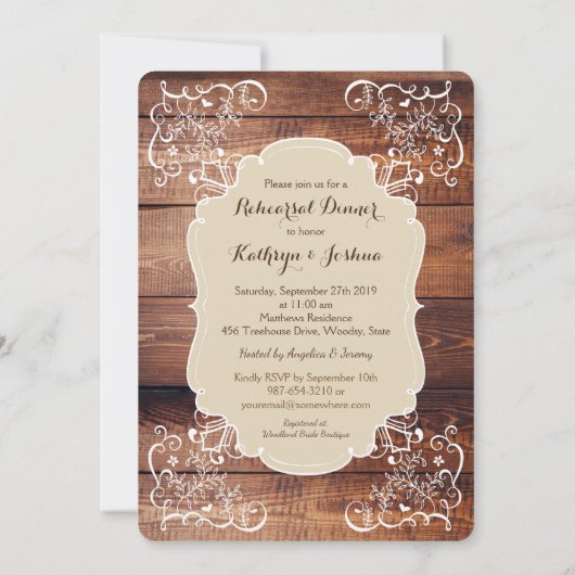 リハーサルの夕食の素朴な森林結婚式の写真 招待状 (裏面)