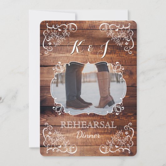 リハーサルの夕食の素朴な森林結婚式の写真 招待状 (正面)