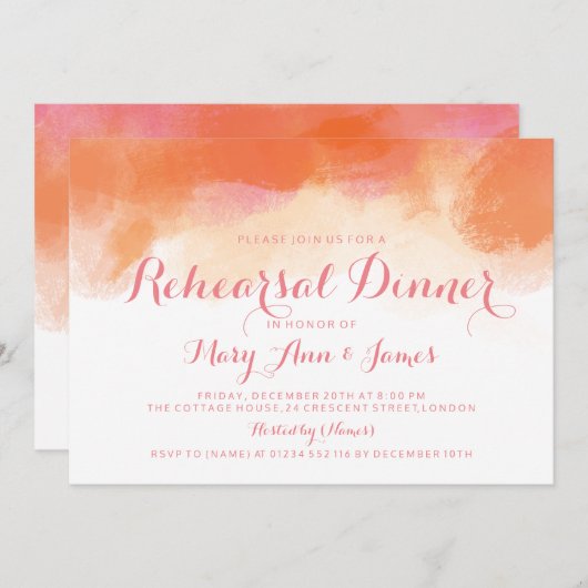 リハーサルの夕食の赤面のピンクの珊瑚の水彩画 招待状 (正面/裏面)