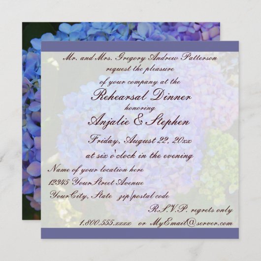 リハーサルの夕食の青のアジサイ 招待状 (正面/裏面)