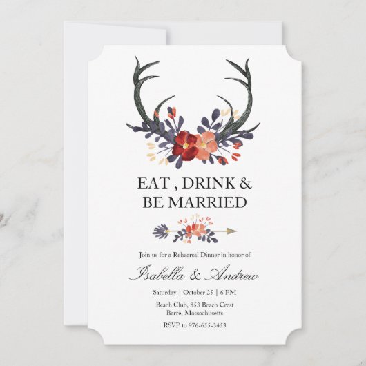リハーサルの夕食を結婚するバーガンディの花の(雄ジカの)枝角 招待状 (正面)