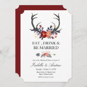 リハーサルの夕食を結婚するバーガンディの花の(雄ジカの)枝角 招待状 (正面/裏面)