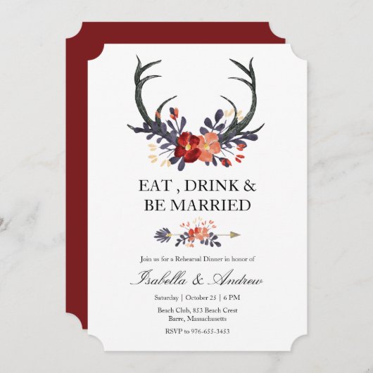 リハーサルの夕食を結婚するバーガンディの花の(雄ジカの)枝角 招待状 (正面/裏面)