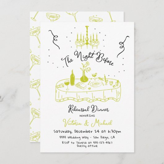 リハーサルの夕食前の夜に手書きのスケッチ 招待状 (正面/裏面)