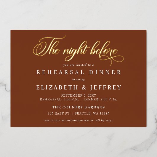 リハーサルの夕食前の夜に書道を錆ばす 箔招待状 (正面)