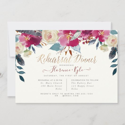 リハーサルエレガントディナー赤面ブルゴーンディボホ 招待状 (正面)