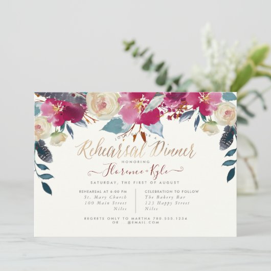 リハーサルエレガントディナー赤面ブルゴーンディボホ 招待状 (スタンド正面)