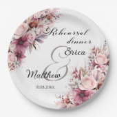 リハーサルディナーのダスティピンクボヘミアンフラワーのウェディング ペーパープレート (正面)