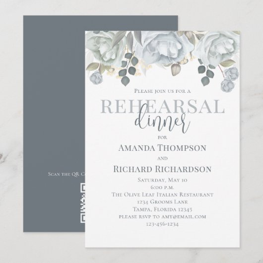 リハーサルディナーのダスティーローズの花のQRコードマップ 招待状 (正面/裏面)