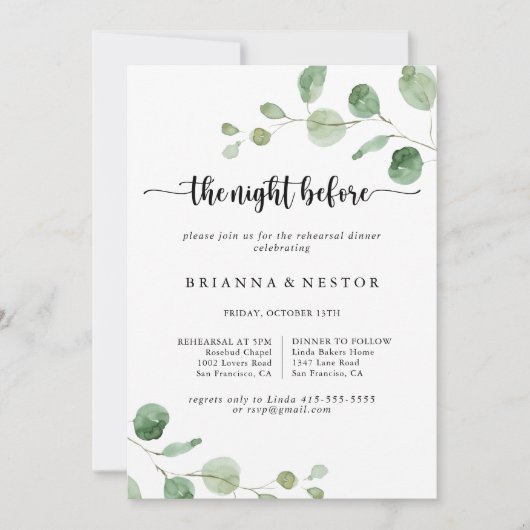 リハーサルディナーの前にユーカリの夜を喜ぶ 招待状 (正面)