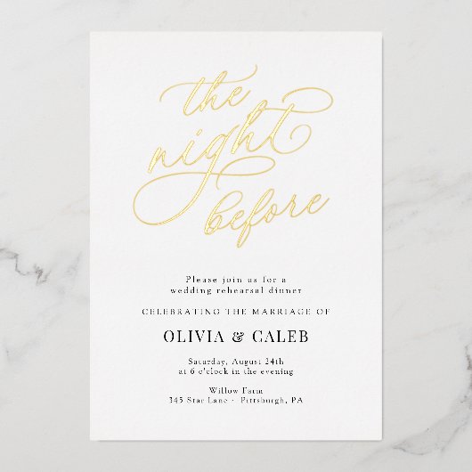リハーサルディナーの前の夜のエレガントな結婚式 箔招待状 (正面)