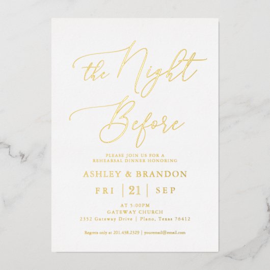 リハーサルディナーの前の夜の金の箔 箔招待状 (正面)