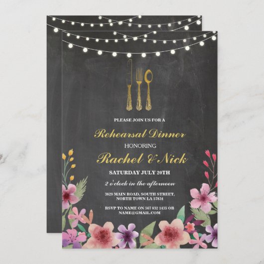 リハーサルディナーカトラリー金ゴールドライツチョーク招待状 招待状 (正面/裏面)