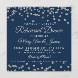 リハーサルディナーシルバーグリッター紙吹雪ネイビーブルー 招待状
