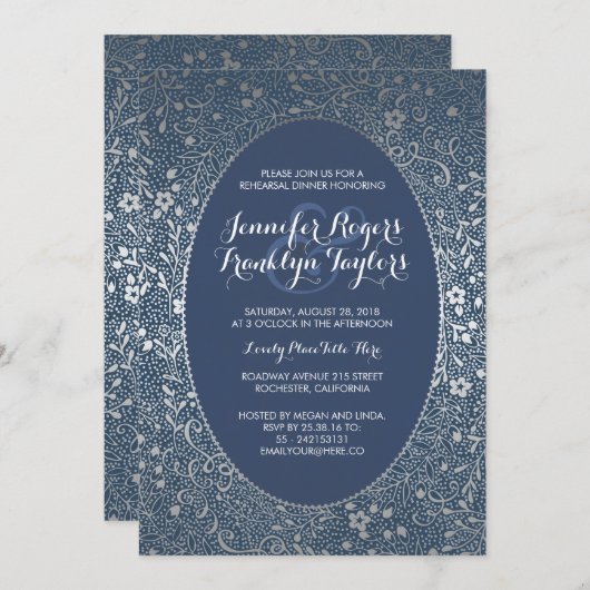 リハーサルディナーシルバーフローラヴィンテージネイビー 招待状 (正面/裏面)