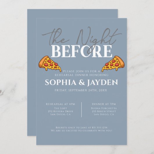 リハーサルディナーダスティブルーピザモダン 招待状 (正面/裏面)