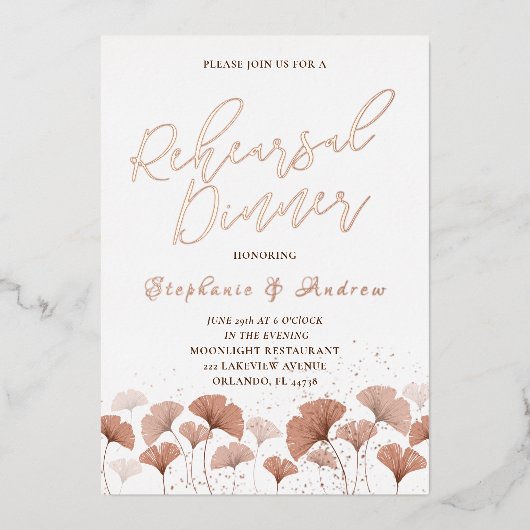 リハーサルディナーテラコッタリーフバラ金ゴールド 箔招待状 (正面)