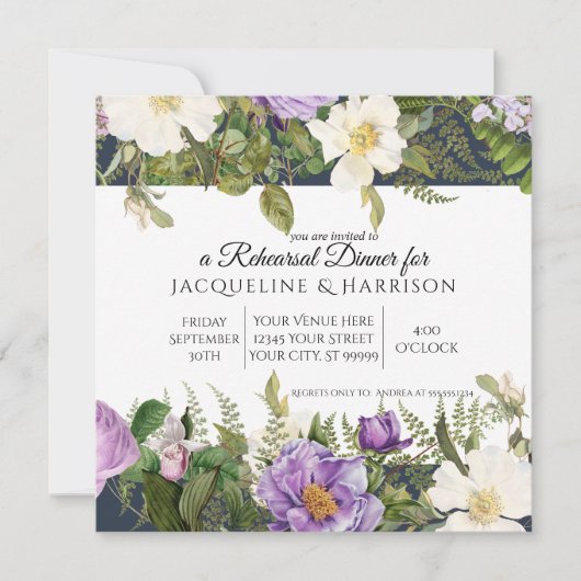 リハーサルディナーネイビーパープルアイボリーバラフローラ 招待状 (正面)