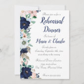 リハーサルディナーネービーブルーエレガント花模様 招待状 (正面)