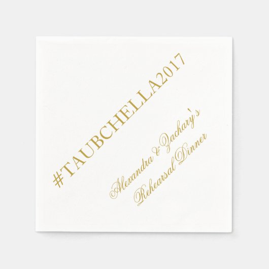 リハーサルディナーハッシュタグナプキンス金ゴールドとホワイト スタンダードカクテルナプキン (正面)
