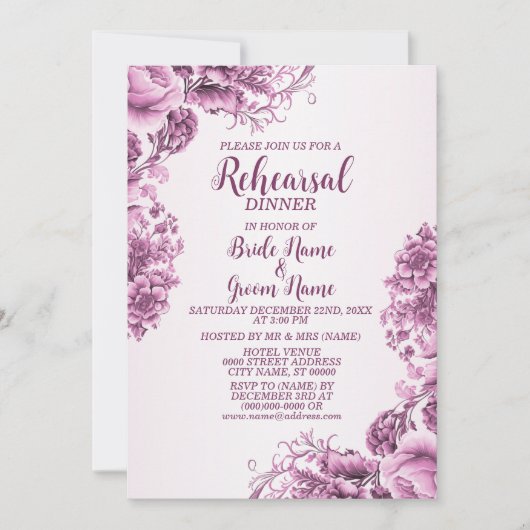 リハーサルディナーパーティーピンク花フレームエレガント 招待状 (正面)