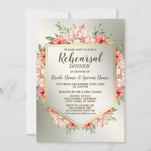 リハーサルディナーパーティーピーチオレンジフローラゴールデン 招待状 (正面)