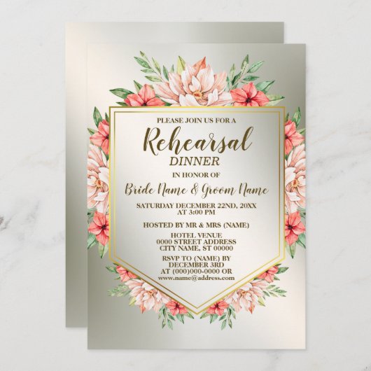 リハーサルディナーパーティーピーチオレンジフローラゴールデン 招待状 (正面/裏面)
