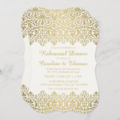 リハーサルディナーパーティーヴィンテージゴールデンレースエレガント 招待状 (正面/裏面)