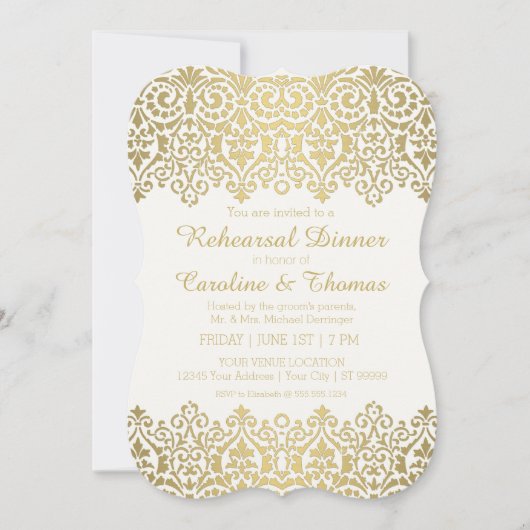 リハーサルディナーパーティーヴィンテージゴールデンレースエレガント 招待状 (正面)