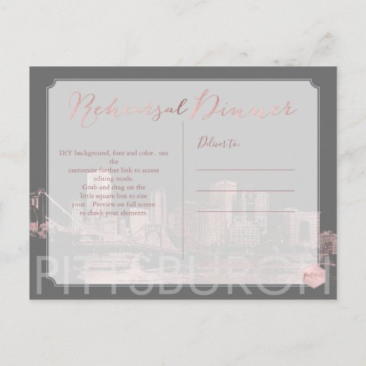 リハーサルディナーピンク金ゴールドピッツバーグスカイライン 案内ポストカード (裏面)