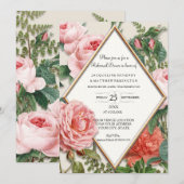 リハーサルディナーフローラヴィンテージダイヤモンドバラ金ゴールド 招待状 (正面/裏面)