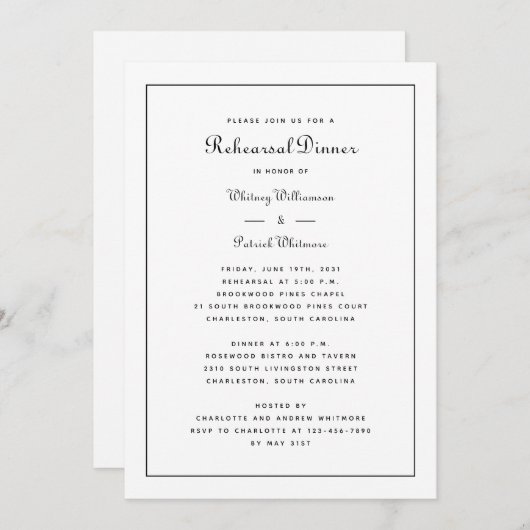 リハーサルディナーブラック&ホワイト結婚ズエレガント 招待状 (正面/裏面)
