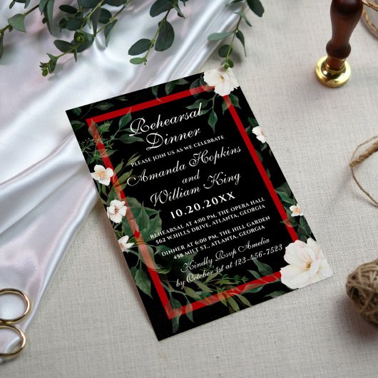 リハーサルディナーブラック&レッドエレガントフローラ 招待状