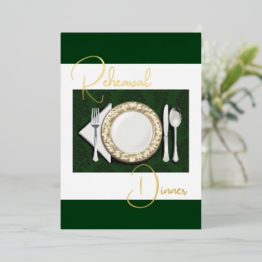 リハーサルディナープレイスセッティングフォイルエメラルドグリーン 箔招待状 (立ち正面)