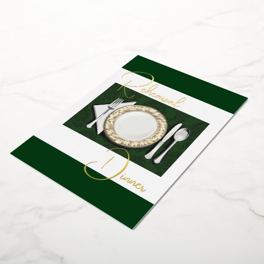 リハーサルディナープレイスセッティングフォイルエメラルドグリーン 箔招待状 (回転した状態)